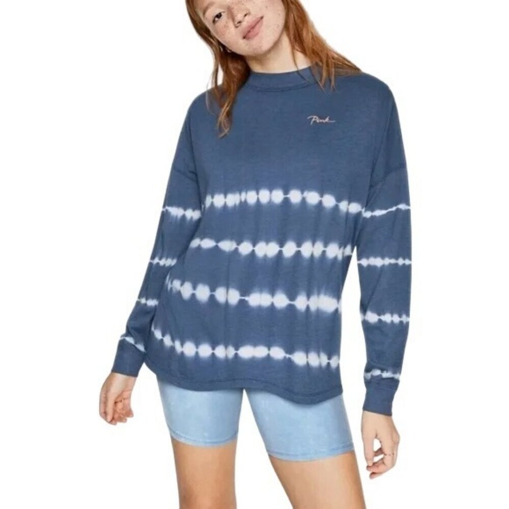 PINK Victoria's Secret Blue Tie Dye Long Sleeve Crewneck T-shirt